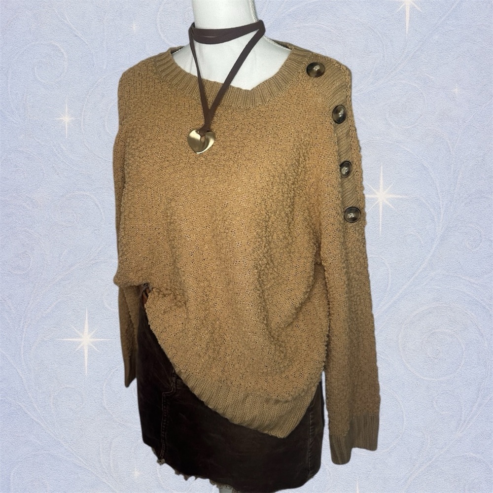 Cozycore Minimalist Tan Button Shoulder Sweater | Size XL